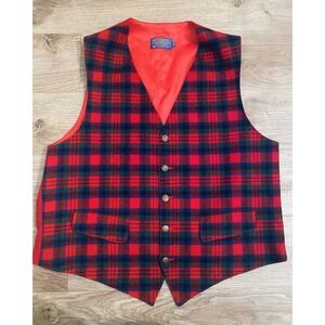 Pendleton Vest Mens 100% Virgin Wool Red Tartan Plaid Button Down Sz 46 USA Made